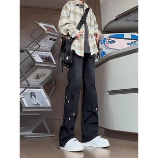 高街vibe微喇裤 男直筒宽松阔腿美式 子潮牌痞帅 弯刀牛仔裤 黑色工装