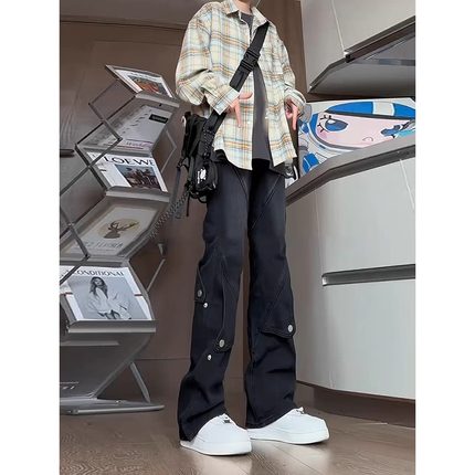 黑色工装弯刀牛仔裤男直筒宽松阔腿美式高街vibe微喇裤子潮牌痞帅
