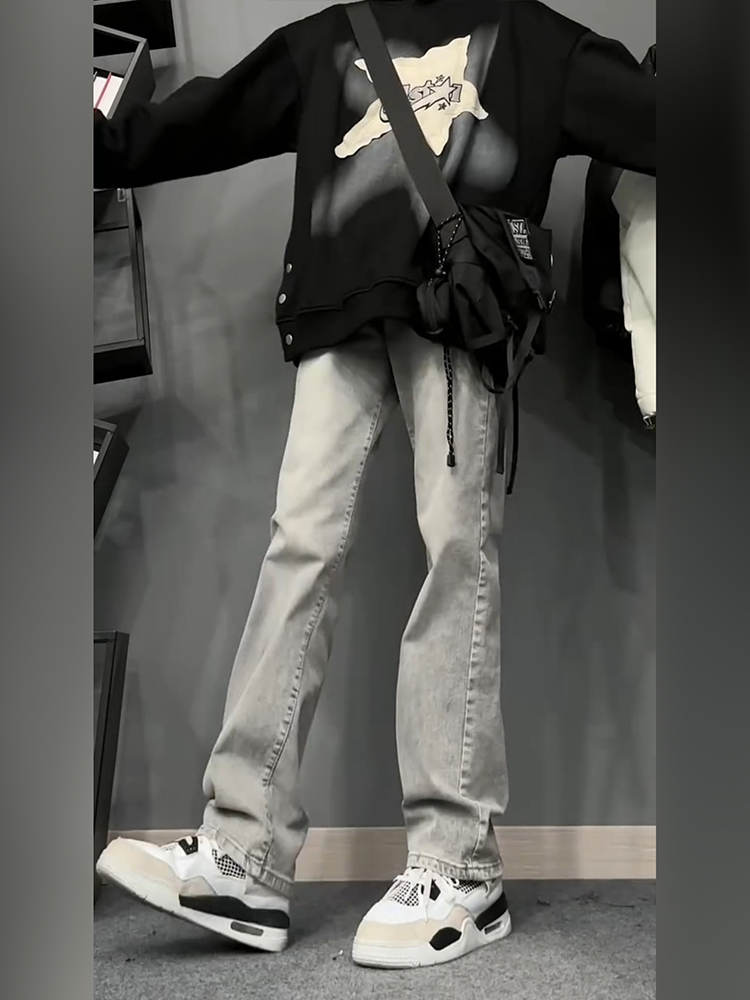 潮标蒂水洗做旧夏季微喇牛仔裤男