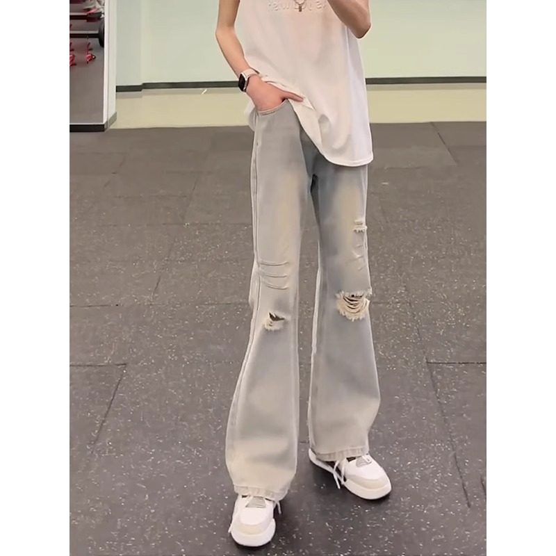潮标蒂夏季微喇破洞牛仔裤男潮牌图片