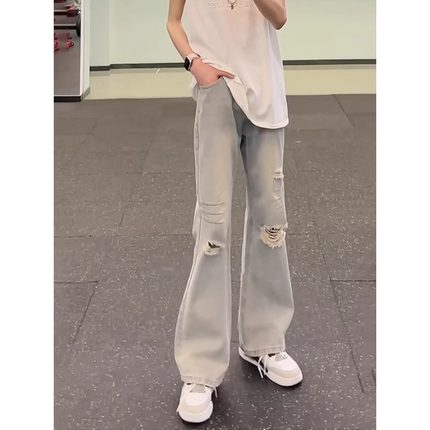 微喇破洞牛仔裤男款夏季薄款直筒宽松美式高街裤子潮牌设计感长裤