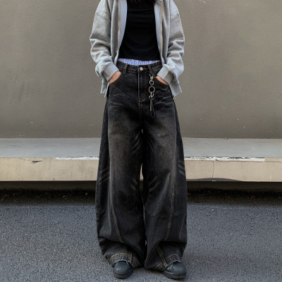 潮标蒂弯刀牛仔裤男直筒宽松阔腿