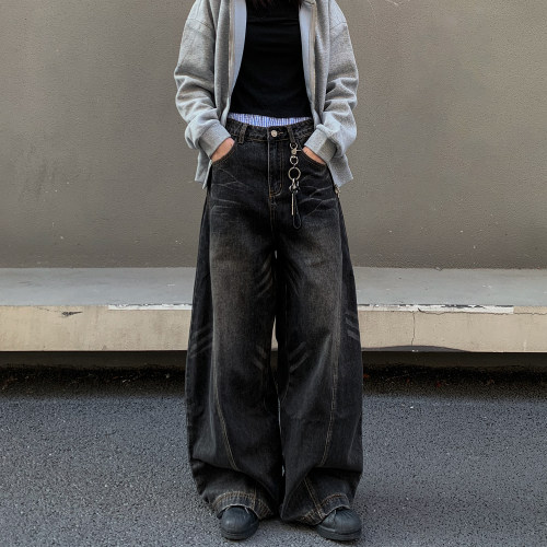 潮标蒂弯刀牛仔裤男直筒宽松阔腿