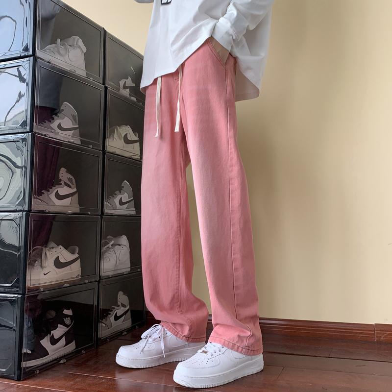 潮标蒂水洗粉色牛仔裤男直筒宽松