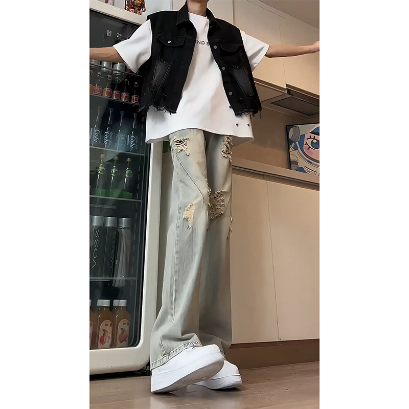 潮标蒂水洗夏季破洞牛仔裤男