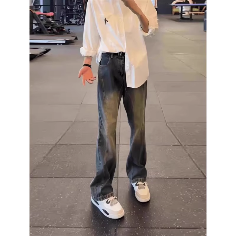 潮标蒂复古微喇牛仔裤男直筒宽松