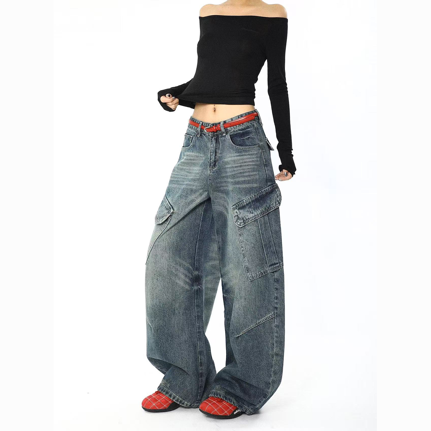 多口袋工装牛仔裤男直筒宽松阔腿