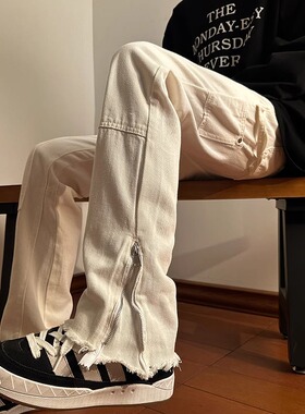 微喇牛仔裤男宽松直筒毛边白色裤子潮流美式高街vibe百搭休闲长裤