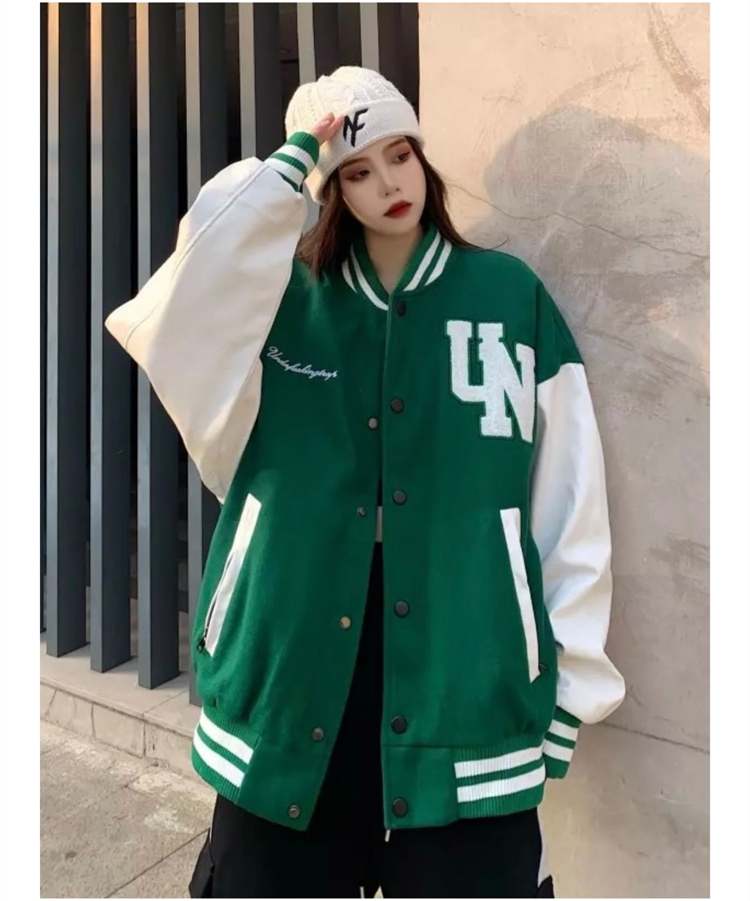 绿色棒球服男女街头PU袖子拼接夹克字母刺绣毛呢外套102B-W172P78图片