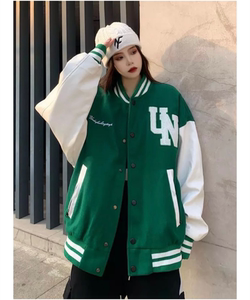 绿色棒球服男女街头PU袖子拼接夹克字母刺绣毛呢外套102B-W172P78图片