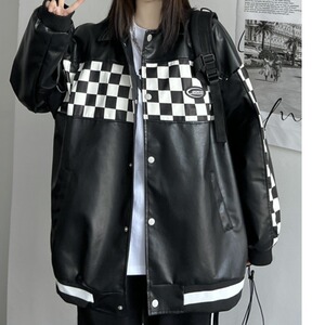 2025秋pu皮夹克棒球服格子拼接小众宽松百搭外套102B-J9909P85