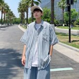 衬衫男日系宽松夏季薄款短袖衬衣设计感休闲条纹102B-C8607P35，男装衬衫，星座102B