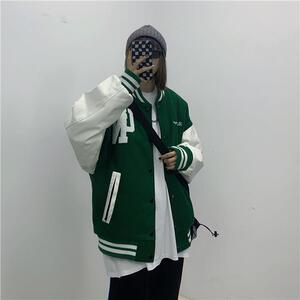 秋棒球服外套宽松拼接刺绣毛呢PU皮袖夹克休闲外套102B-W172P78图片