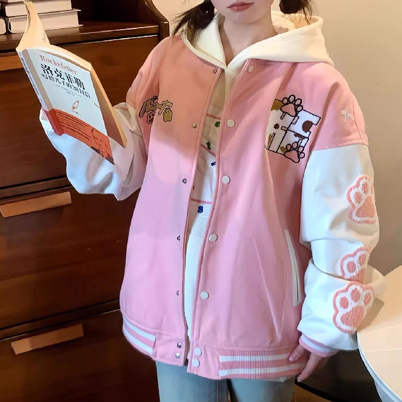秋男女2025学院风猫爪刺绣棒球服外套撞色夹克上衣102B-JK817P78,女装短外套,星座102B