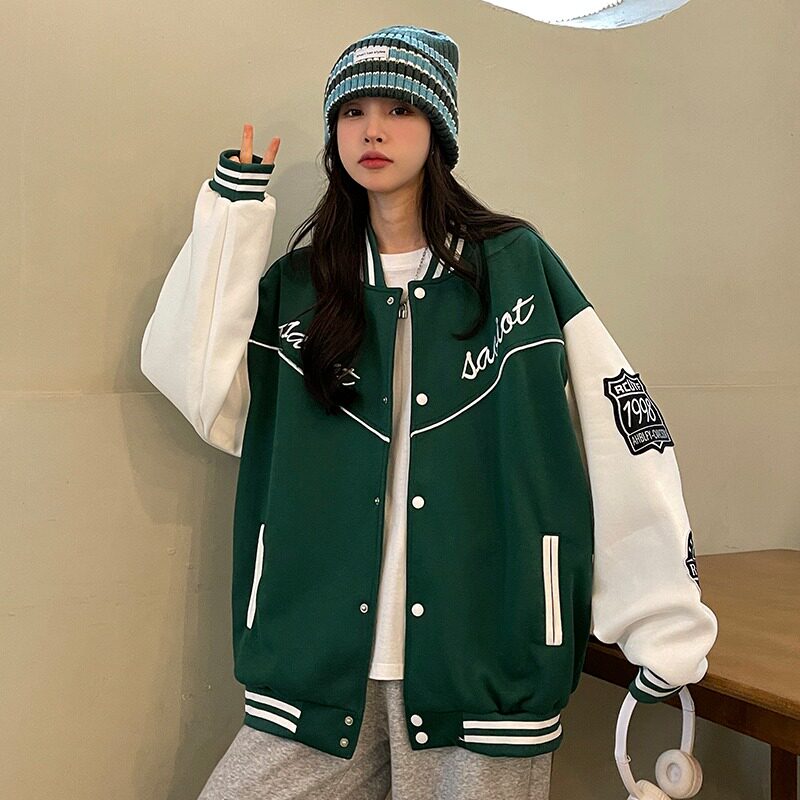 复古绿色棒球服设计感oversize潮高街美式外套女102B-W8001P75,男装夹克,星座102B