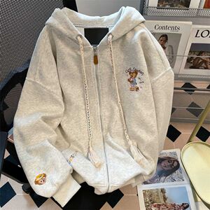 加绒美式慵懒小熊刺绣连帽卫衣拉链外套上衣102B-W2803P58加绒68图片