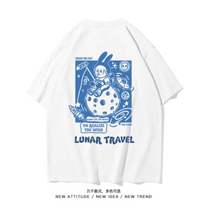 纯棉太空兔子夏季中性宽松休闲印花短袖上衣T恤男女102B-T0342P30图片