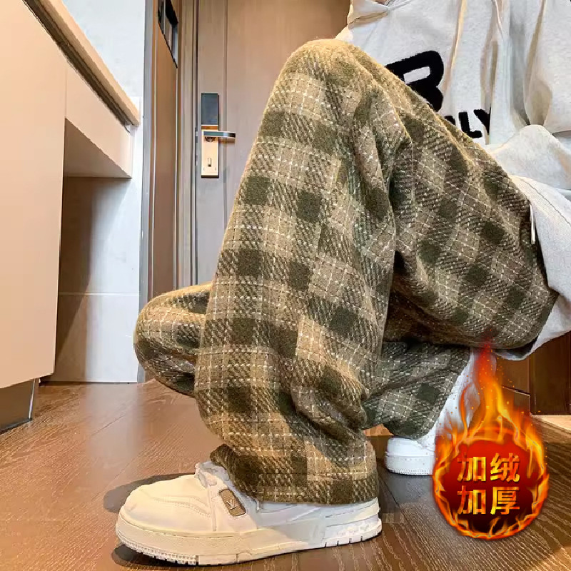 潮牌格子休闲裤男宽松大码显瘦直筒阔腿裤子102B-K4736P50加绒60,男装休闲裤,星座102B