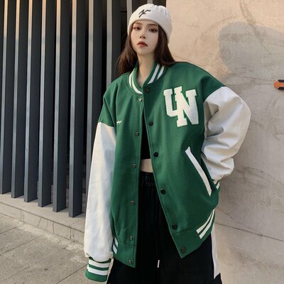绿色棒球服男女街头PU袖子拼接夹克字母刺绣毛呢外套102B-W172P78,女装短外套,星座102B