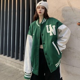 绿色棒球服男女街头PU袖子拼接夹克字母刺绣毛呢外套102B-W172P78，女装短外套，星座102B