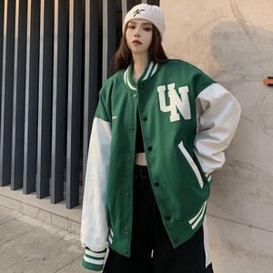 绿色棒球服男女街头PU袖子拼接夹克字母刺绣毛呢外套102B-W172P78图片