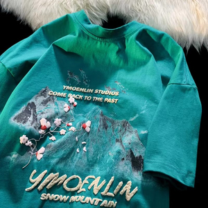 风直播夏款美式高街短袖山水画潮宽松上衣T恤102B-T2607P30图片