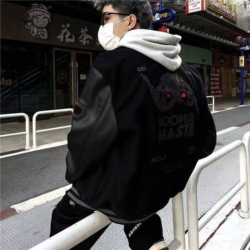 原版秋2025棒球服皮袖外套潮牌高街hiphop嘻哈夹克102B-JK605P75,男装夹克,星座102B