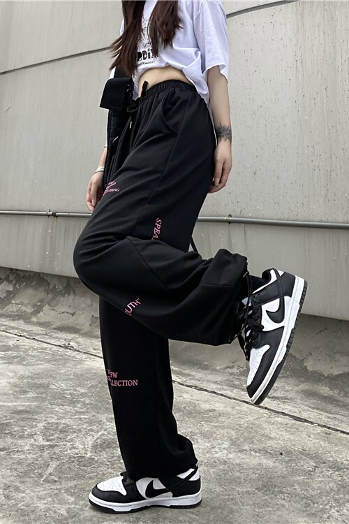 2024秋运动风黑粉文字抽绳束腿休闲裤男女拖地裤潮102B-K9071P50,女装休闲裤,星座102B