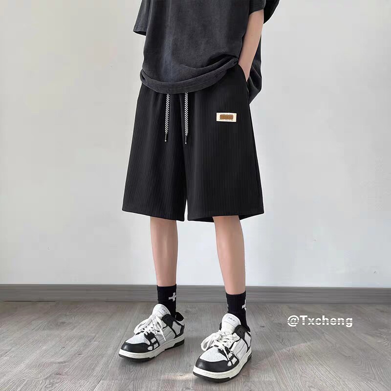 条纹冰丝短裤男夏季薄款潮流港风直筒凉凉裤宽松大码阔腿5五分裤,男装休闲裤,星座102B