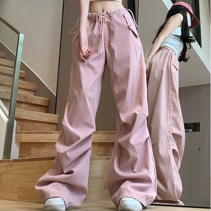 美式工装裤女高腰直筒阔腿裤粉色休闲拖地裤可束脚102B-K8142P58,女装休闲裤,星座102B