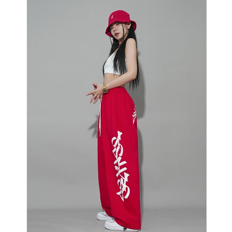 红色抽绳街舞hiphop运动裤嘻哈炸街宽松休闲跳舞卫裤102B-K803P40,女装休闲裤,星座102B