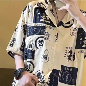 四面弹印花抖音款小清新复古花衬衫宽松短袖潮情侣102B-C2329P35图片