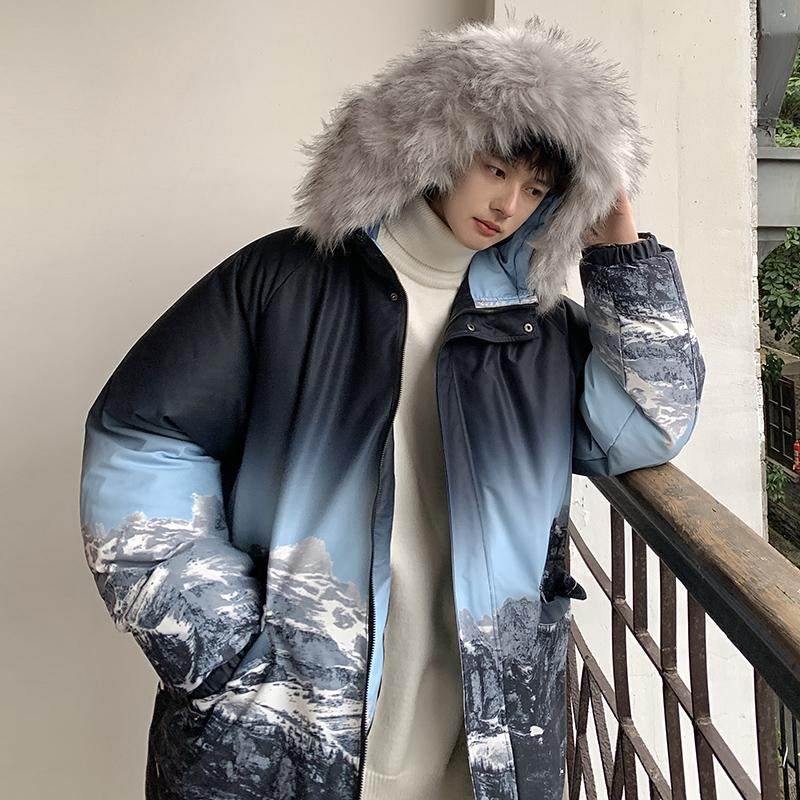 加厚潮水墨雪山印花连帽情侣中长款宽松羽绒服男女102B-Y2281P160，男装羽绒服，星座102B
