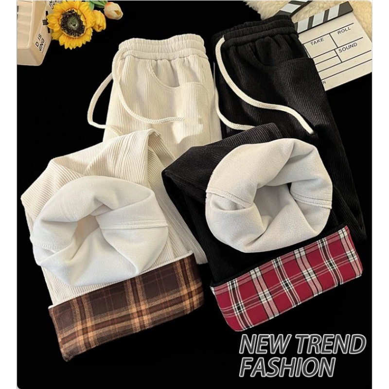 加绒款灯芯绒撞色格子直筒裤秋冬款学生休闲运动裤102B-JR5819P55，女装休闲裤，星座102B