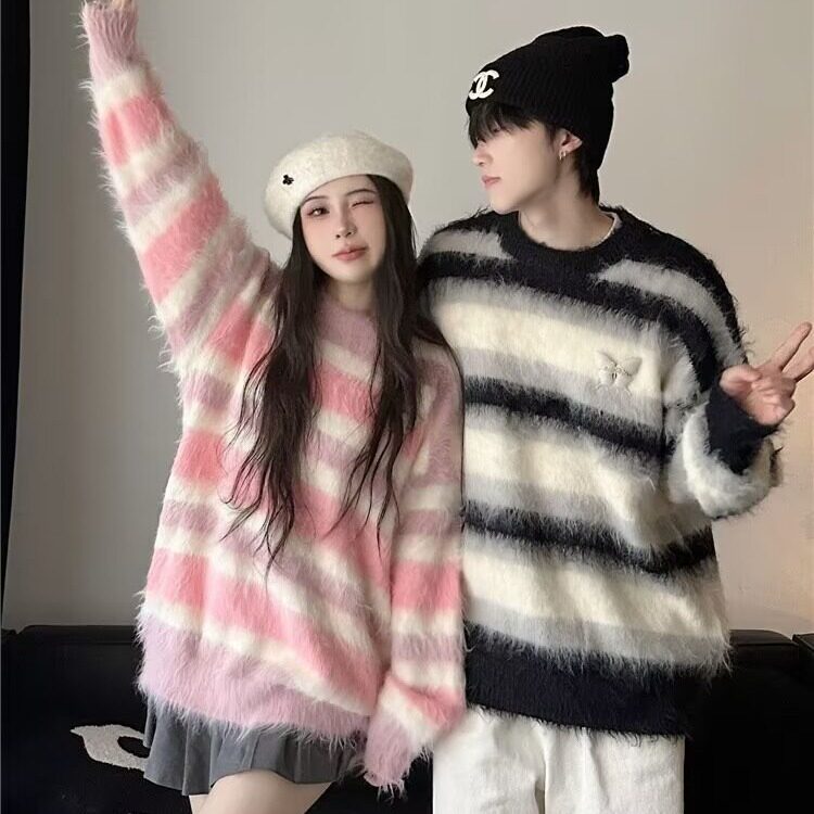 秋冬25纯长貂毛软糯条纹慵懒条纹毛衣男女针织上衣102B-M5253P78,男装针织衫/毛衣,星座102B