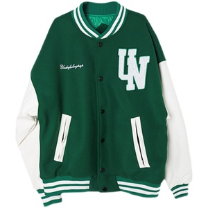 绿色棒球服男女街头PU袖子拼接夹克字母刺绣毛呢外套102B-W172P78图片