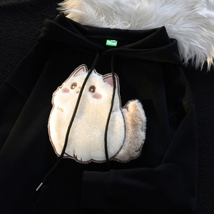 310克华棉复合双帽植绒刺绣胖胖小猫连帽卫衣男女秋102B-W2702P48图片