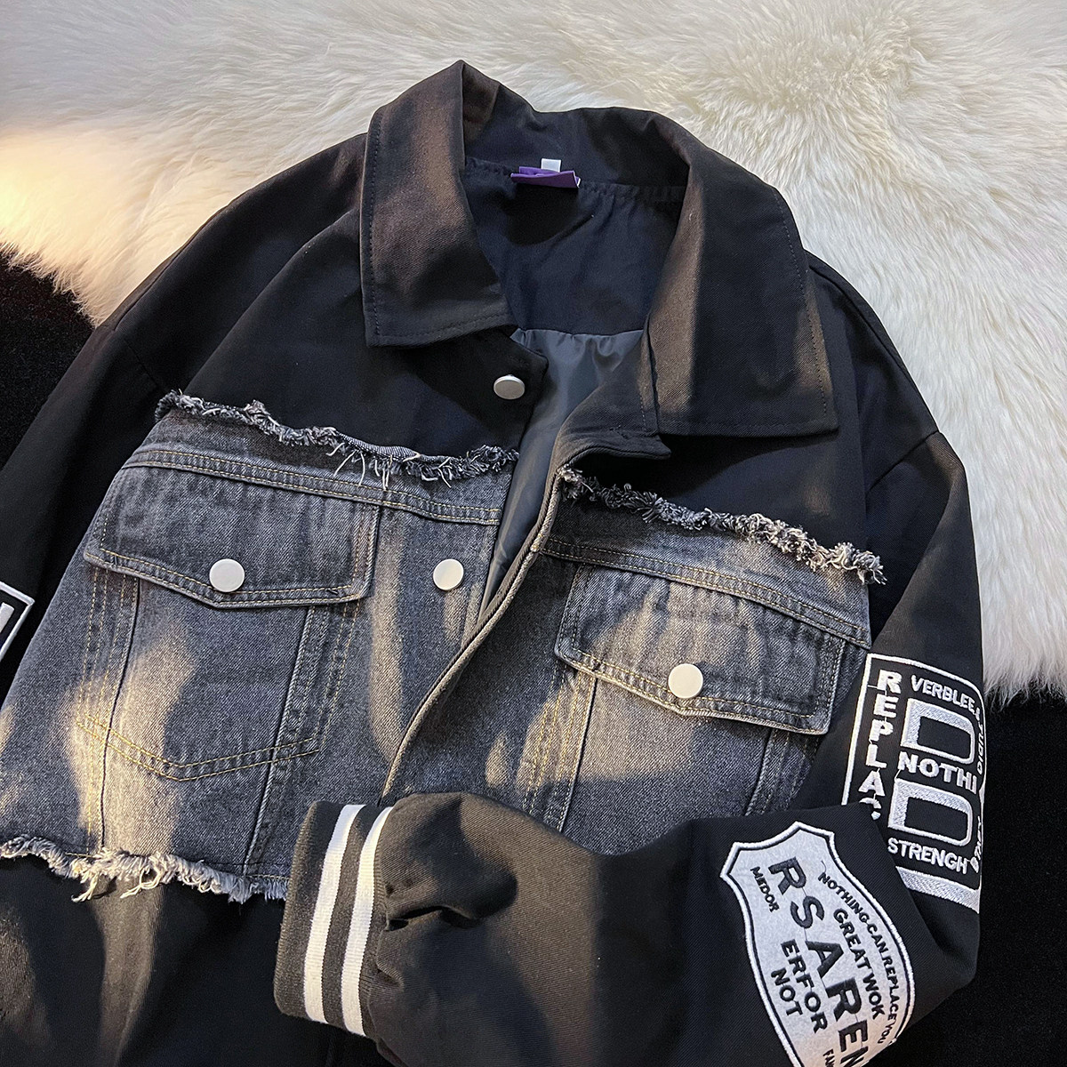 原版抖音质量加内里棒球服夹克牛仔拼接外套男女102B-J8158P98,男装夹克,星座102B