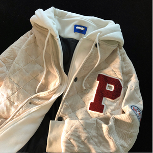 冬男女灯芯绒假两件美式复古宽松连帽棉服加厚外套102B-M2570P105