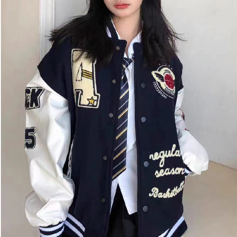 秋2025高品质加厚皮袖原版棒球服字母植绒外套夹克102B-JK5729P75,女装短外套,星座102B