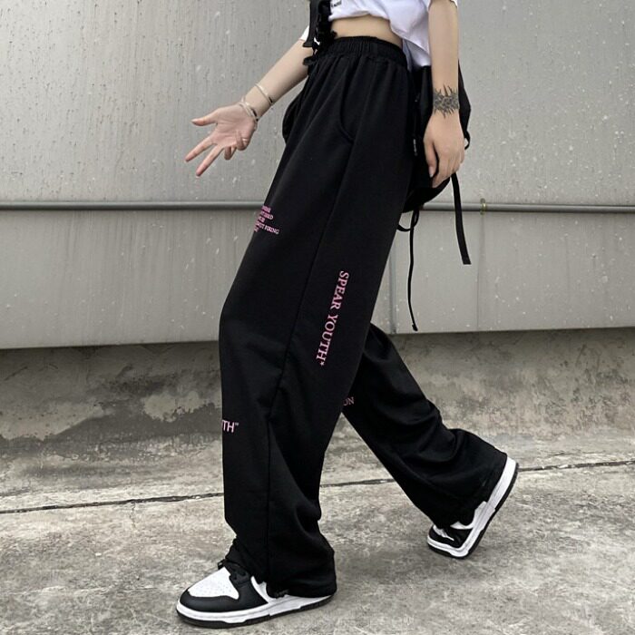 2024秋运动风黑粉文字抽绳束腿休闲裤男女拖地裤潮102B-K9071P50,女装休闲裤,星座102B