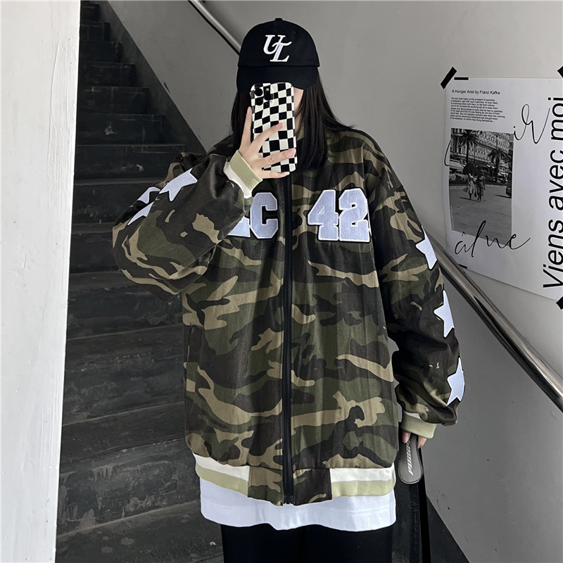 美式高街字母刺绣迷彩棒球服外套复古立领夹克男女102B-JK1217P75,男装夹克,星座102B