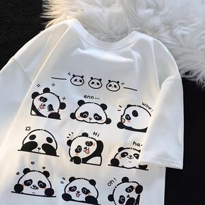 卡通潮牌熊猫短袖t恤多巴胺小众纯棉情侣甜美上衣102B-T9855P30图片