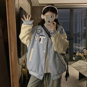 秋2025原版刺绣棒球服外套男宽松撞色炸街夹克男女102B-JK8638P75,蓝色长款衣服搭配什么鞋子图片