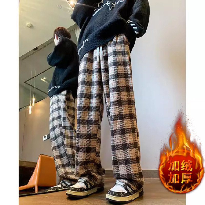 潮牌格子休闲裤男宽松大码显瘦直筒阔腿裤子102B-K4736P50加绒60,男装休闲裤,星座102B