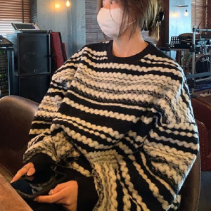 圆领青少年潮长袖慵懒风条纹套头毛衣秋冬上衣男女102B-M7032P58图片