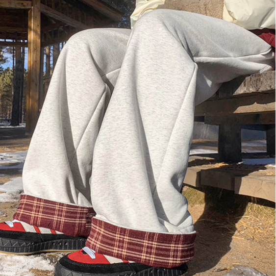 加绒撞色格子直筒长裤秋冬学生休闲裤运动裤102B-K5518P45加绒55，女装休闲裤，星座102B