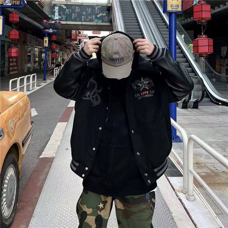 原版秋2025棒球服皮袖外套潮牌高街hiphop嘻哈夹克102B-JK605P75,男装夹克,星座102B