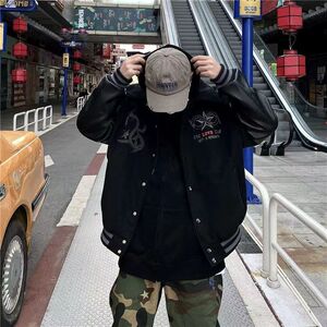 原版秋2025棒球服皮袖外套潮牌高街hiphop嘻哈夹克102B-JK605P75图片