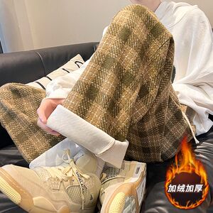 潮牌格子休闲裤男宽松大码显瘦直筒阔腿裤子102B-K4736P50加绒60图片